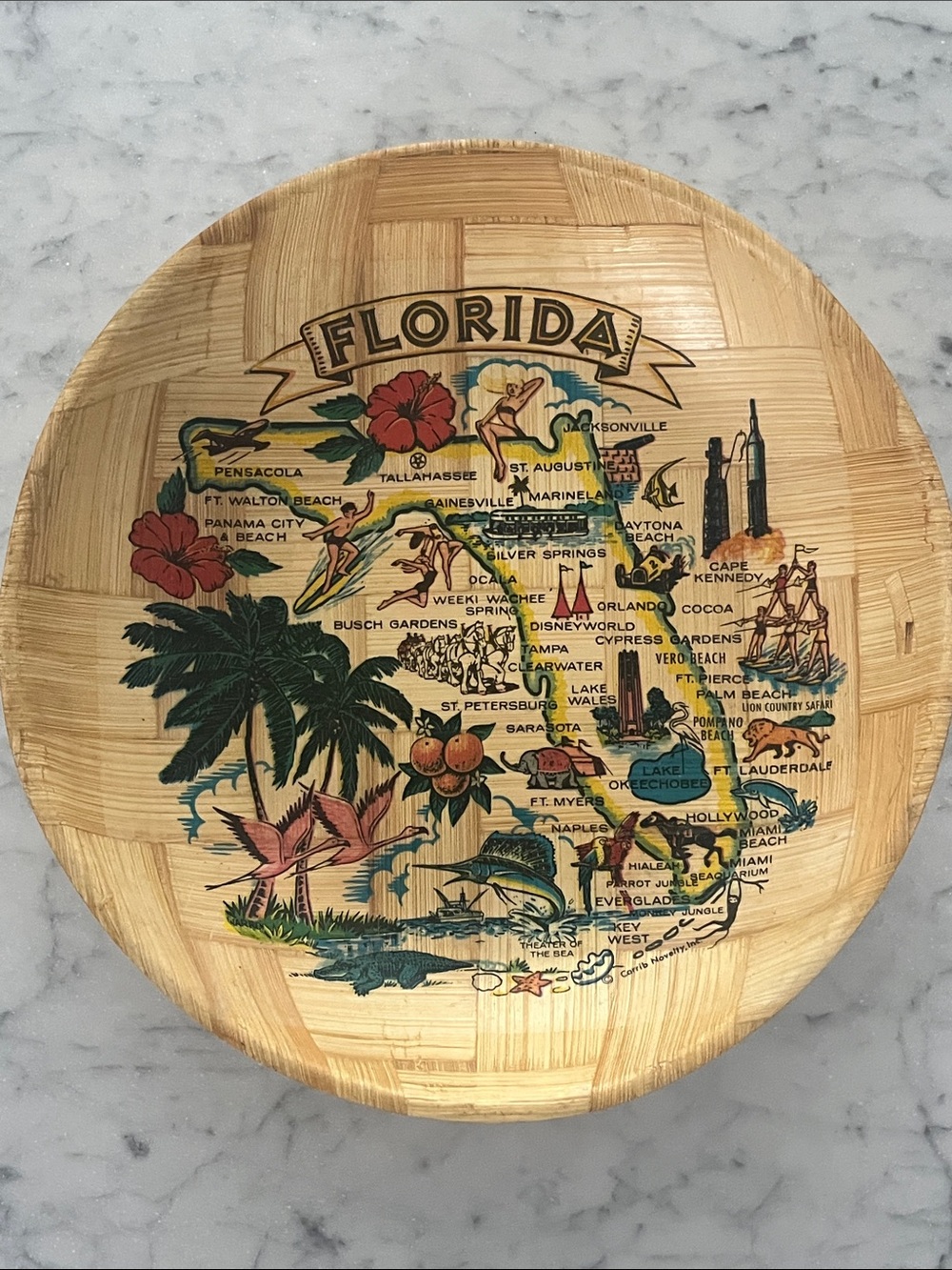 Vintage 70s Florida Souvenir Bamboo Bowl Florida State Map 12" Diameter